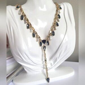 Gold Tone Blue Grey Drop Dangle Crystal Lariat Y Costume Statement Necklace